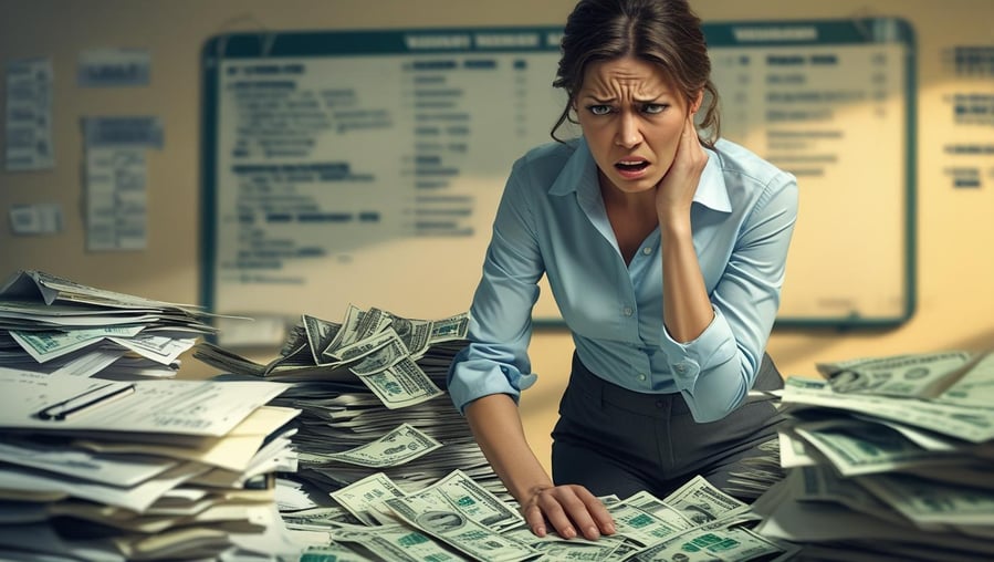A frustrated property manager in working attire (no ties) surrounded by paperwork, invoices, and dollar bills.  a very blurred background of a whiteboard full of vendor names.