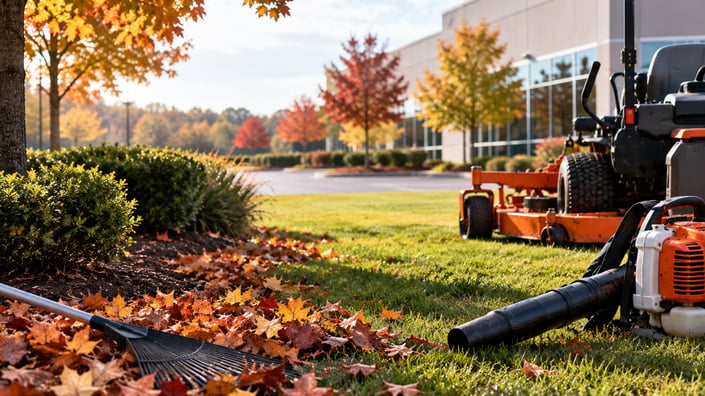 Commercial fall grounds maintenance featuring leaf cleanup equipment, autumn landscaping, and a maintained lawn outside a commercial office building.