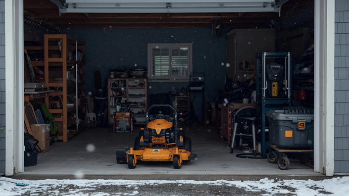 A riding lawn mower positioned at the entrance of a garage during light snowfall, illustrating equipment storage before winterization.
