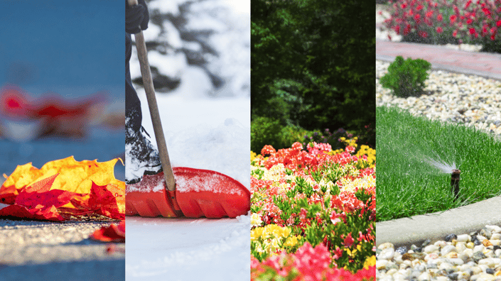 A four-panel image showing the seasons of property maintenance: fall leaves, snow shoveling, blooming spring flowers, and summer irrigation — representing Strategic Grounds Management’s year-round service coverage.