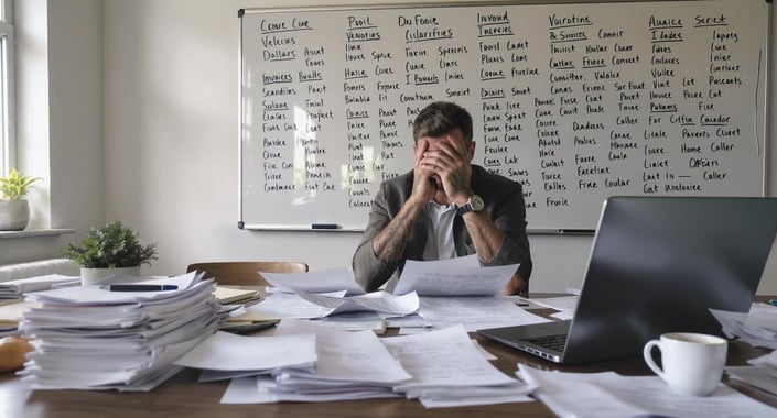 Frustrated property manager sitting at a cluttered desk surrounded by invoices and a whiteboard filled with vendor names.