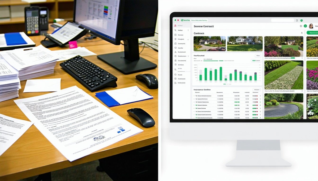 A split-screen image showcasing two contrasting scenarios. On the left, a chaotic office environment with a cluttered desk filled with multiple vendor