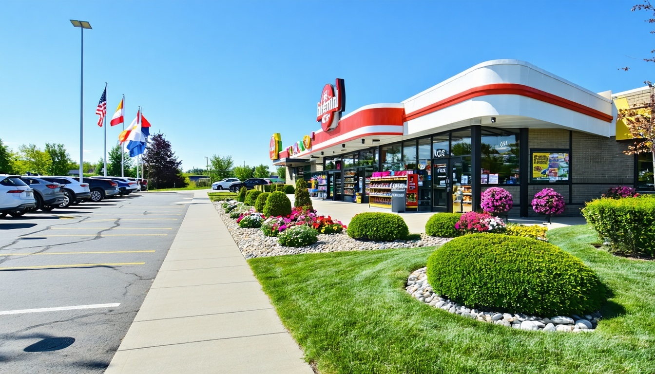A well-maintained convenience store with neatly manicured landscaping, featuring vibrant flower beds, trimmed hedges, and a clean pathway leading to t