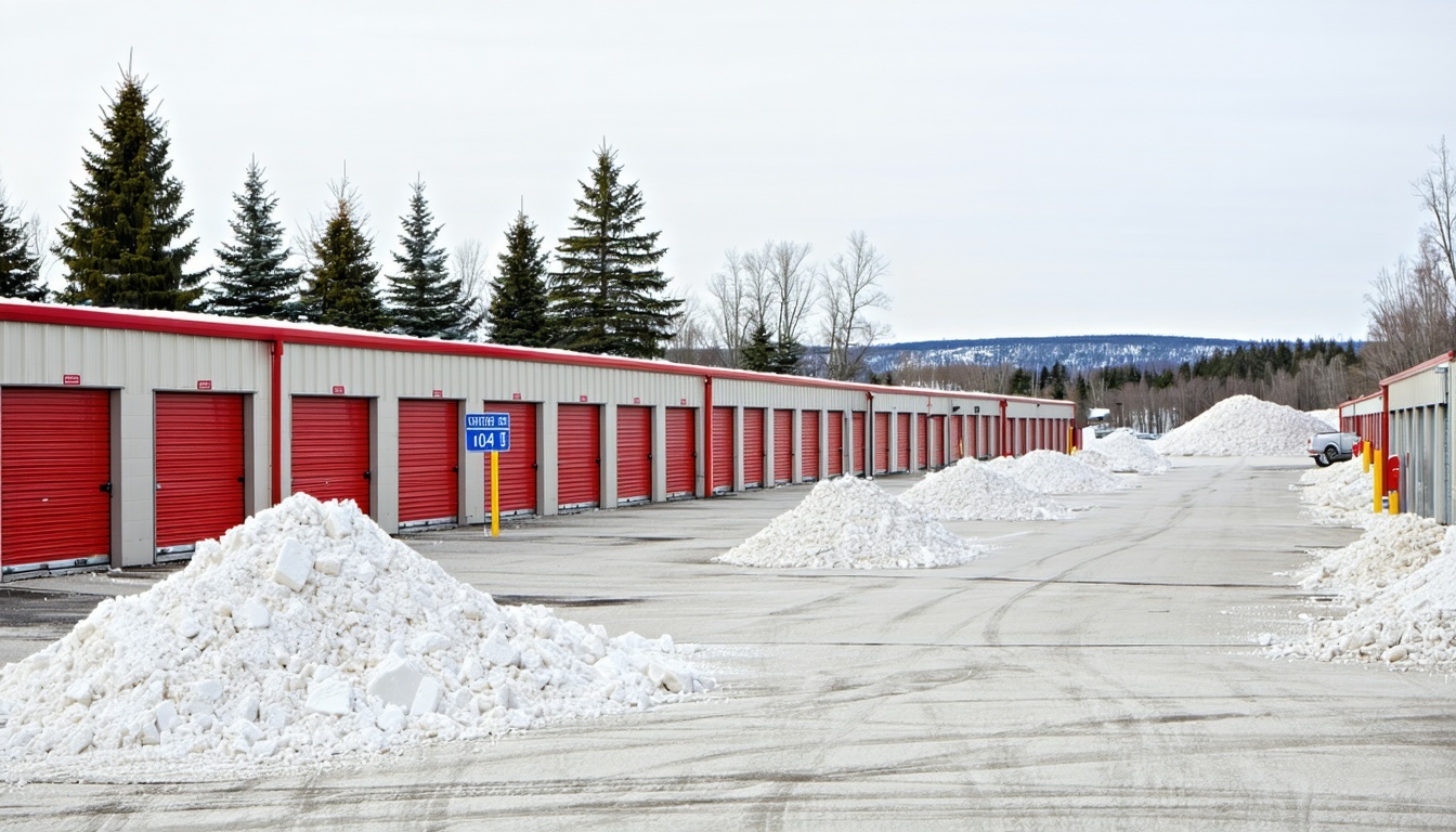 A self-storage facility set in a snowy landscape, showcasing carefully planned snow management features. The scene includes well-defined driveways cle